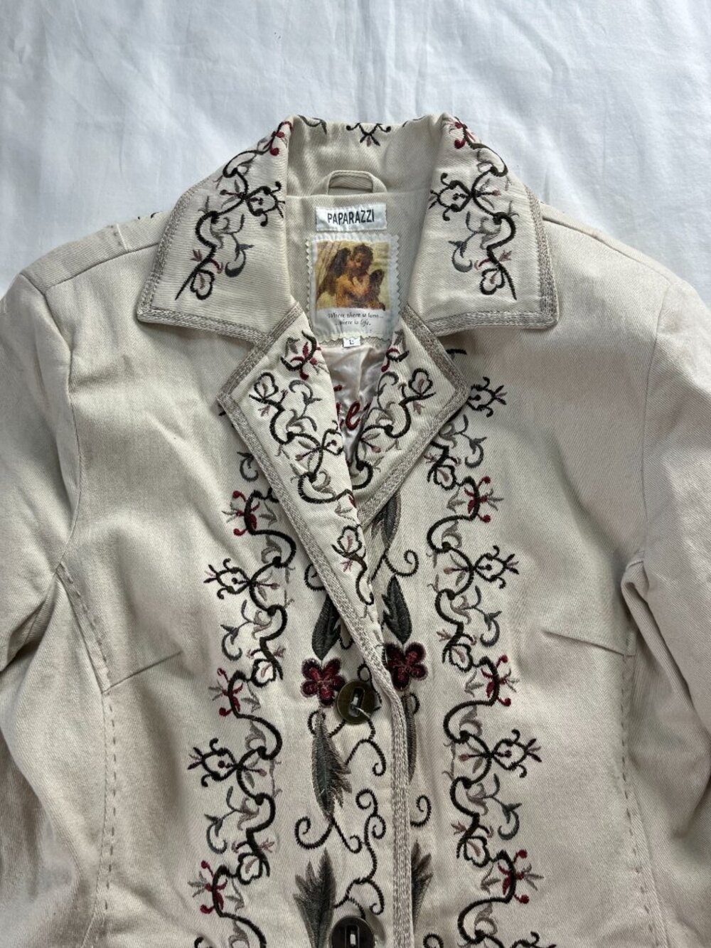 Paparazzi Beige Floral Embroidered Boho Button Down Long Jacket | Size L - Picture 11 of 13